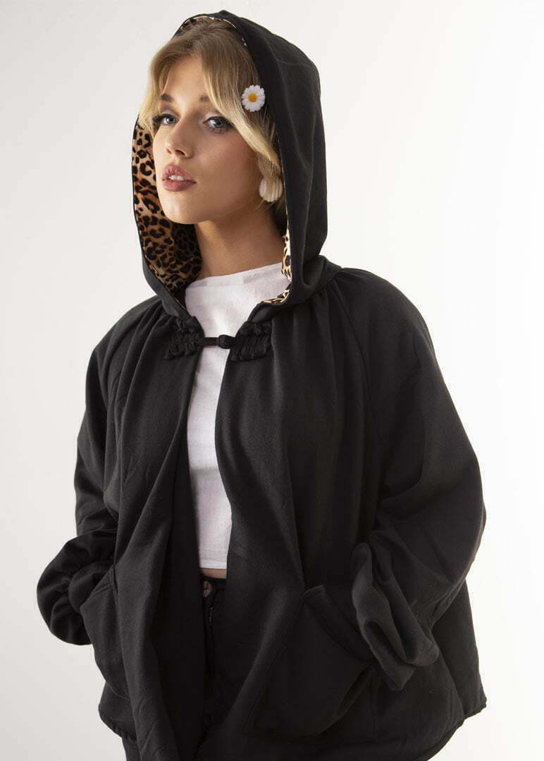 Holly Hoodie Black Leopard Lined Hood Side Front Product Thumbnail | Tops